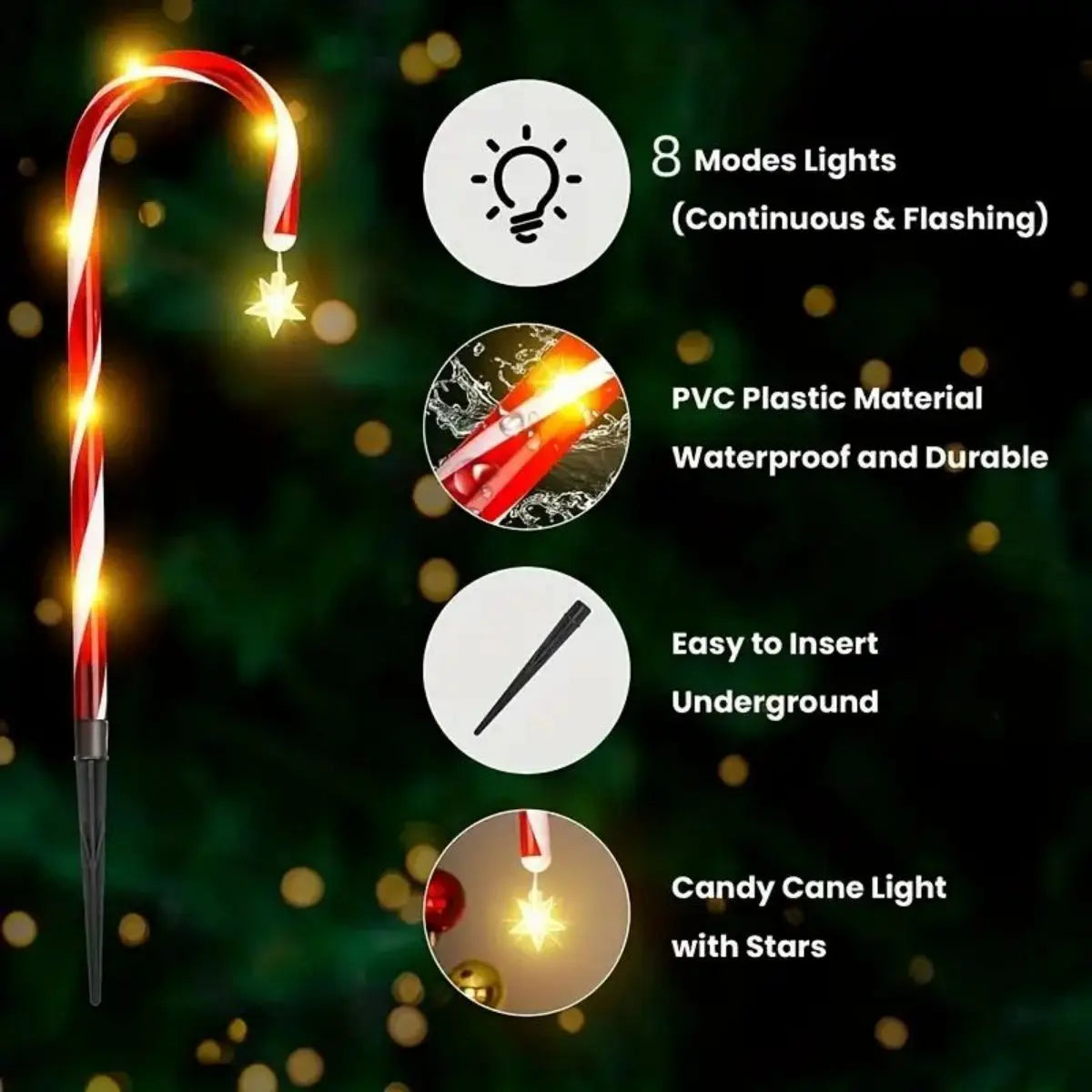 Solar Powered Garden Cane Lights, 8-Function Waterproof Decorative Lights, Christmas Candy Garden Lights